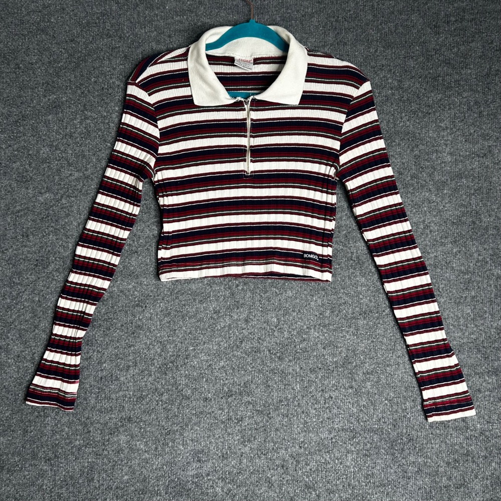 Vintage Bongo Gene Montesano Striped Ribbed Quarter Zip Crop Top Large USA Made